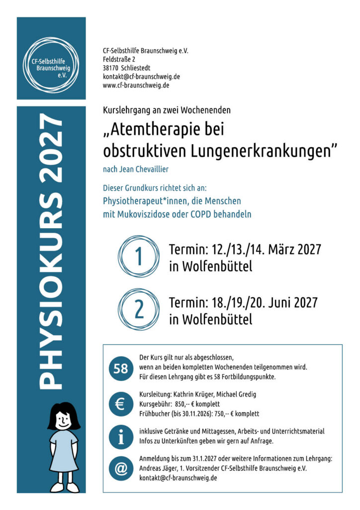 Infoblatt Physioseminar "Atemtherapie bei obstruktiven Lungenerkrankungen" für Menschen mit Mukoviszidose/CF oder COPD im März und in Juni 2027